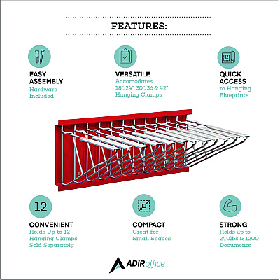 AdirOffice Large File Blueprint Pivot Wall Rack, Assorted Document Sizes Accommodated, 11" x 15.8" x 23.9", Red (ALHI617RED)