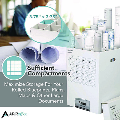 AdirOffice 16 Slot Blueprint Rolled File Upright Storage Box, 16 Compartments, 17.5 x 17.5 x 25, White (ALHI622)