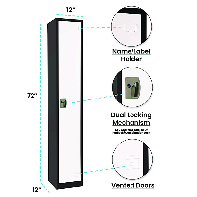 AdirOffice Steel Storage Locker, 1 Compartment, 12 x 12 x 72, Black Body/White Doors (ALHI629201BW)