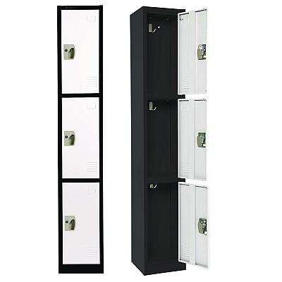 AdirOffice Steel Storage Locker, 3 Compartment, 12 x 12 x 72, Black Body/White Doors (ALHI629203BW)