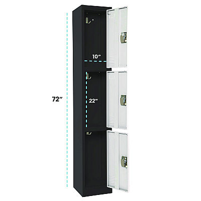 AdirOffice Steel Storage Locker, 3 Compartment, 12 x 12 x 72, Black Body/White Doors (ALHI629203BW)