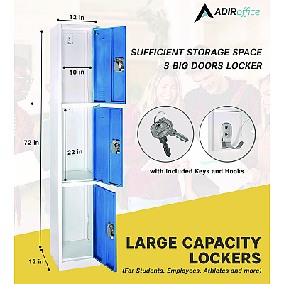 AdirOffice Steel Storage Locker, 3 Compartment, 12 x 12 x 72, Blue (ALHI629203BLU)