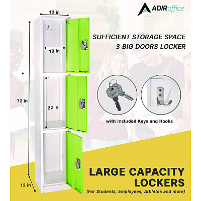 AdirOffice Steel Storage Locker, 3 Compartment, 12 x 12 x 72, Green (ALHI629203GRN)