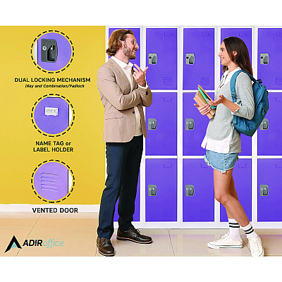 AdirOffice Steel Storage Locker, 3 Compartment, 12 x 12 x 72, Purple (ALHI629203PUR)