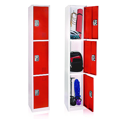 AdirOffice Steel Storage Locker, 3 Compartment, 12 x 12 x 72, Red (ALHI629203RED)
