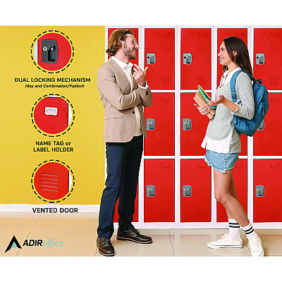 AdirOffice Steel Storage Locker, 3 Compartment, 12 x 12 x 72, Red (ALHI629203RED)