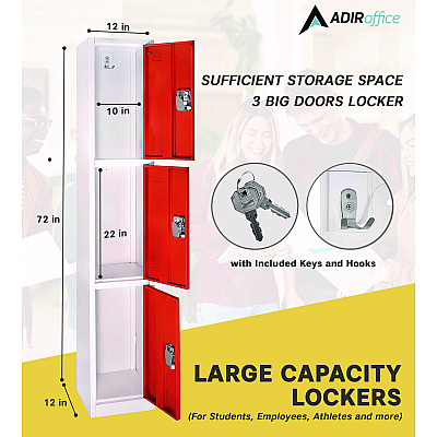 AdirOffice Steel Storage Locker, 3 Compartment, 12 x 12 x 72, Red (ALHI629203RED)