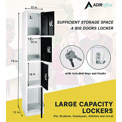AdirOffice Steel Storage Locker, 4 Compartment, 12 x 12 x 72, Black (ALHI629204BLK)