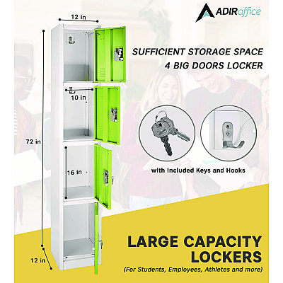 AdirOffice Steel Storage Locker, 4 Compartment, 12 x 12 x 72, Green (ALHI629204GRN)