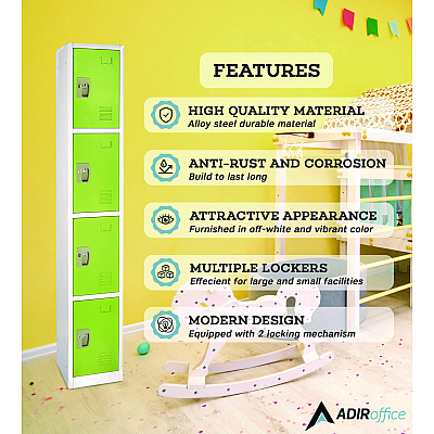 AdirOffice Steel Storage Locker, 4 Compartment, 12 x 12 x 72, Green (ALHI629204GRN)