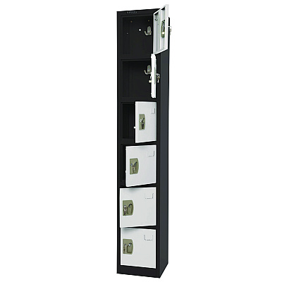 AdirOffice Steel Storage Locker, 6 Compartment, 12 x 12 x 72, Black Body/White Doors (ALHI629206BW)