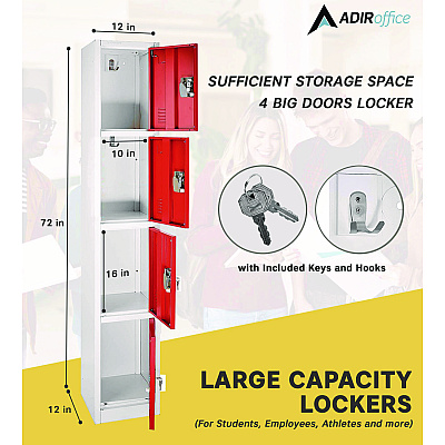 AdirOffice Steel Storage Locker, 4 Compartment, 12 x 12 x 72, Red (ALHI629204RED)