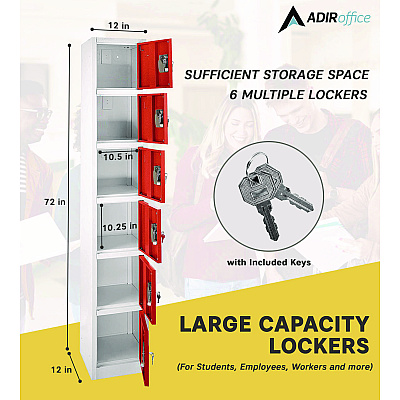 AdirOffice Steel Storage Locker, 6 Compartment, 12 x 12 x 72, Red (ALHI629206RED)