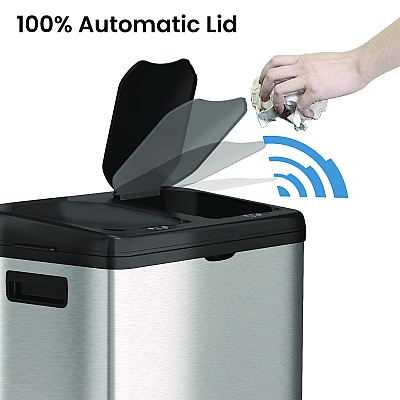 HLS Commercial Dual Compartment Sensor Recycle Bin and Trash Can with Wheels, 16 gal, Plastic/Stainless Steel, Silver/Black (HLMHLS16DCSS)
