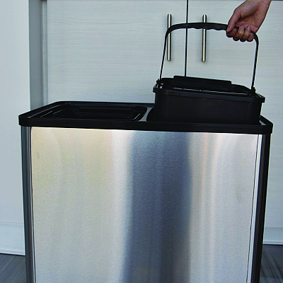 HLS Commercial Dual Compartment Sensor Recycle Bin and Trash Can with Wheels, 16 gal, Plastic/Stainless Steel, Silver/Black (HLMHLS16DCSS)