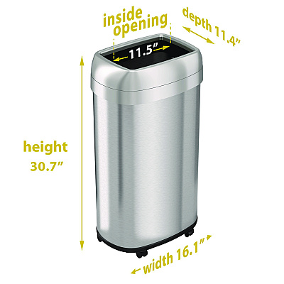 HLS Commercial Open Top Trash Can with Wheels, Oval, 16 gal, Plastic/Stainless Steel, Silver (HLMHLS16STVM)