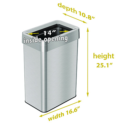 HLS Commercial Open Top Trash Can, Rectangular, 16 gal, Plastic/Stainless Steel, Silver (HLMHLS16UOT)