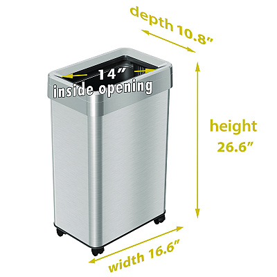 HLS Commercial Open Top Trash Can with Wheels, Rectangular, 16 gal, Plastic/Stainless Steel, Silver (HLMHLS16UOTM)