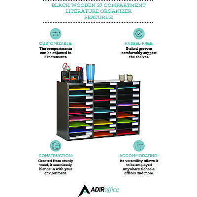 AdirOffice Wooden 27 Compartment Literature Organizer, 27 Sections, Letter Size, 31.49 x 11.81 x 21.65, Black (ALHIOF20101BLK)