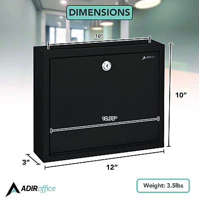 AdirOffice Large Size Steel Multi-Purpose Secure Drop Box, 12 x 3 x 10, Black (ALHI63103BLK)
