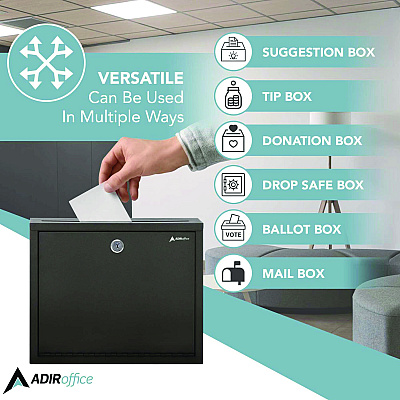 AdirOffice Large Size Steel Multi-Purpose Secure Drop Box, 12 x 3 x 10, Black (ALHI63103BLK)