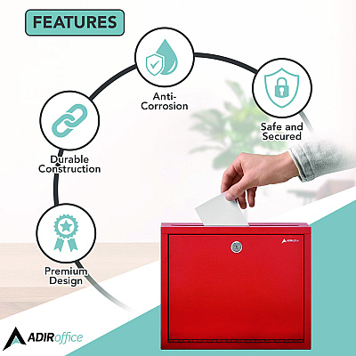 AdirOffice Large Size Steel Multi-Purpose Secure Drop Box, 12 x 3 x 10, Red (ALHI63103RED)
