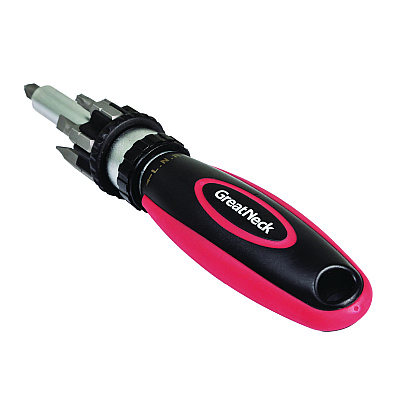 Great Neck Ratcheting Screw/Nut Driver Set, Phillips/Slotted/Star Bits, 7" Long, Black/Red (GNS950DE)