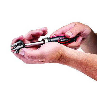Great Neck Ratcheting Screw/Nut Driver Set, Phillips/Slotted/Star Bits, 7" Long, Black/Red (GNS950DE)