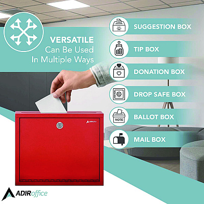 AdirOffice Large Size Steel Multi-Purpose Secure Drop Box, 12 x 3 x 10, Red (ALHI63103RED)