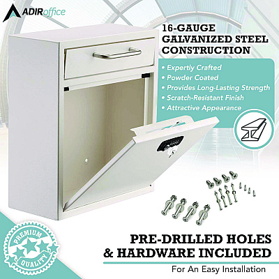 AdirOffice Medium Secure Drop Box Wall Mounted Locking Mail Box with Key and Combination Lock, 10.51 x 4.72 x 12, White (ALHI63105WHIKC)