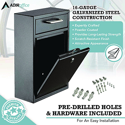 AdirOffice Large Ultimate Secure Drop Box Wall Mounted Mail Box, 11.2 x 4.7 x 16.2, Black (ALHI63104BLK)