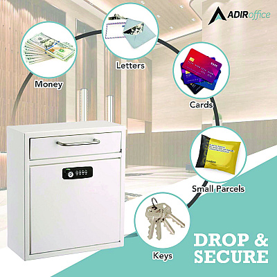 AdirOffice Medium Secure Drop Box Wall Mounted Locking Mail Box with Key and Combination Lock, 10.51 x 4.72 x 12, White (ALHI63105WHIKC)