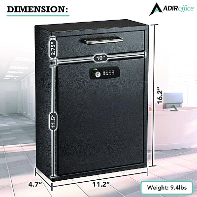 AdirOffice Large Secure Drop Box Wall Mounted Locking Mail Box with Key and Combination lock, 11.2 x 4.7 x 16.2, Black (ALHI63104BLKKC)