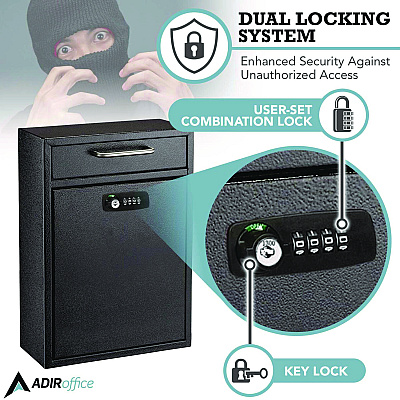 AdirOffice Large Secure Drop Box Wall Mounted Locking Mail Box with Key and Combination lock, 11.2 x 4.7 x 16.2, Black (ALHI63104BLKKC)
