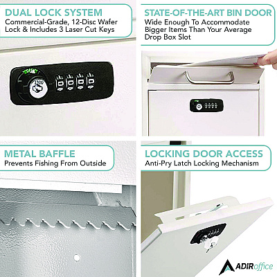 AdirOffice Medium Secure Drop Box Wall Mounted Locking Mail Box with Key and Combination Lock, 10.51 x 4.72 x 12, White (ALHI63105WHIKC)
