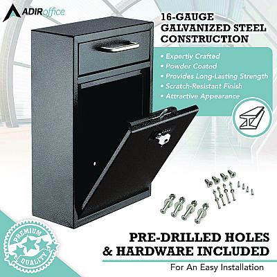 AdirOffice Large Secure Drop Box Wall Mounted Locking Mail Box with Key and Combination lock, 11.2 x 4.7 x 16.2, Black (ALHI63104BLKKC)