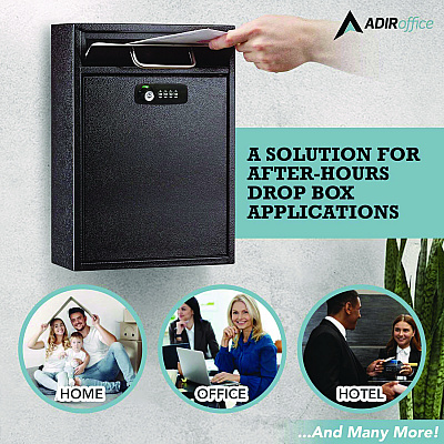 AdirOffice Large Secure Drop Box Wall Mounted Locking Mail Box with Key and Combination lock, 11.2 x 4.7 x 16.2, Black (ALHI63104BLKKC)