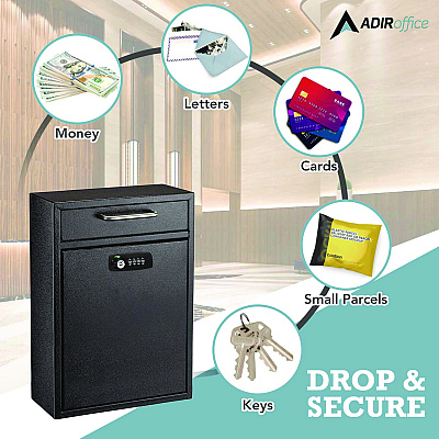 AdirOffice Large Secure Drop Box Wall Mounted Locking Mail Box with Key and Combination lock, 11.2 x 4.7 x 16.2, Black (ALHI63104BLKKC)