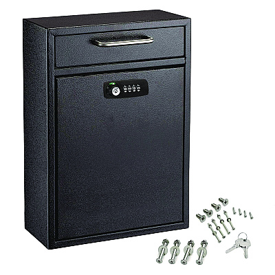 AdirOffice Large Secure Drop Box Wall Mounted Locking Mail Box with Key and Combination lock, 11.2 x 4.7 x 16.2, Black (ALHI63104BLKKC)