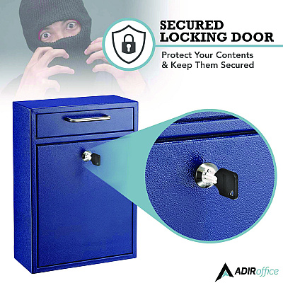 AdirOffice Large Ultimate Secure Drop Box Wall Mounted Mail Box, 11.2 x 4.7 x 16.2, Blue (ALHI63104BLU)