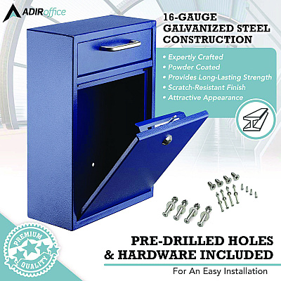 AdirOffice Large Ultimate Secure Drop Box Wall Mounted Mail Box, 11.2 x 4.7 x 16.2, Blue (ALHI63104BLU)