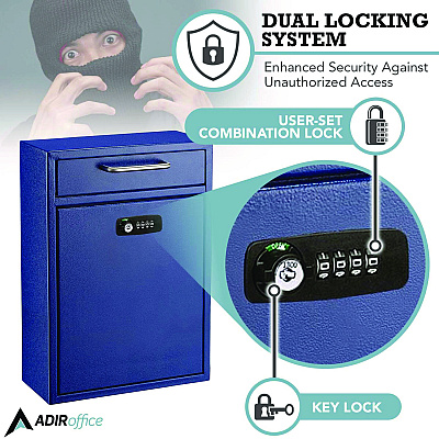 AdirOffice Large Secure Drop Box Wall Mounted Locking Mail Box with Key and Combination lock, 11.2 x 4.7 x 16.2, Blue (ALHI63104BLUKC)