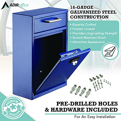 AdirOffice Large Secure Drop Box Wall Mounted Locking Mail Box with Key and Combination lock, 11.2 x 4.7 x 16.2, Blue (ALHI63104BLUKC)