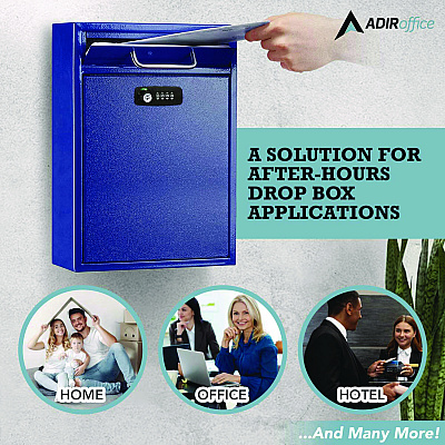 AdirOffice Large Secure Drop Box Wall Mounted Locking Mail Box with Key and Combination lock, 11.2 x 4.7 x 16.2, Blue (ALHI63104BLUKC)
