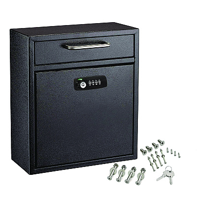 AdirOffice Medium Secure Drop Box Wall Mounted Locking Mail Box with Key and Combination Lock, 10.51 x 4.72 x 12, Black (ALHI63105BLKKC)