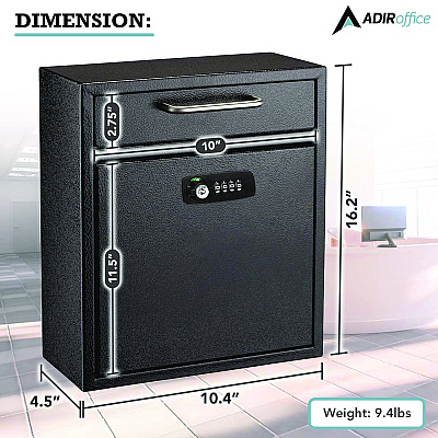 AdirOffice Medium Secure Drop Box Wall Mounted Locking Mail Box with Key and Combination Lock, 10.51 x 4.72 x 12, Black (ALHI63105BLKKC)