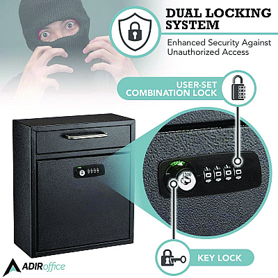 AdirOffice Medium Secure Drop Box Wall Mounted Locking Mail Box with Key and Combination Lock, 10.51 x 4.72 x 12, Black (ALHI63105BLKKC)