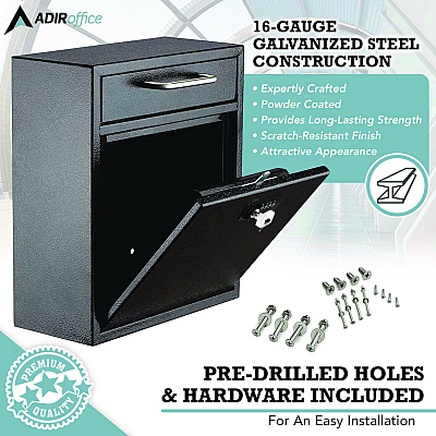 AdirOffice Medium Secure Drop Box Wall Mounted Locking Mail Box with Key and Combination Lock, 10.51 x 4.72 x 12, Black (ALHI63105BLKKC)