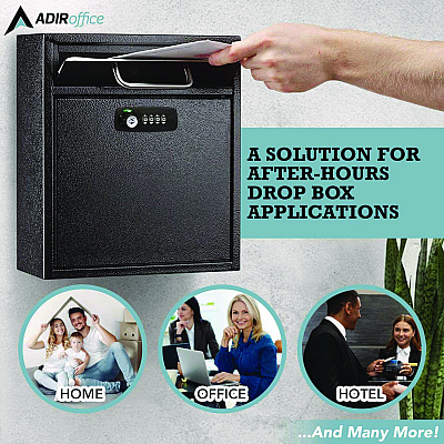 AdirOffice Medium Secure Drop Box Wall Mounted Locking Mail Box with Key and Combination Lock, 10.51 x 4.72 x 12, Black (ALHI63105BLKKC)