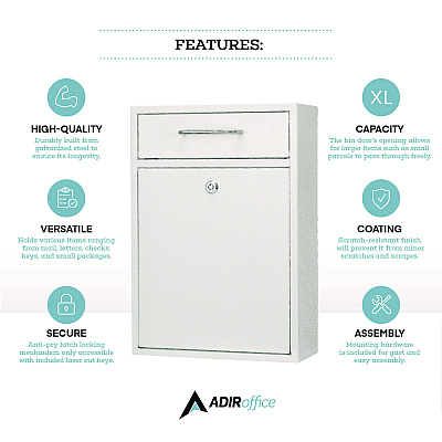 AdirOffice Large Ultimate Secure Drop Box Wall Mounted Mail Box, 11.2 x 4.7 x 16.2, White (ALHI63104WHI)
